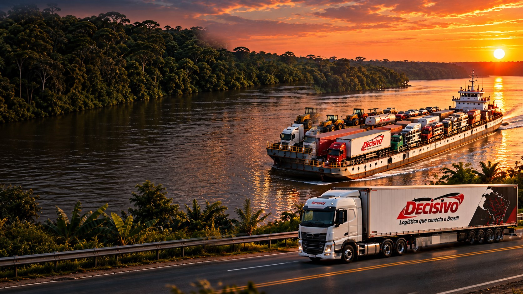 Imagem ilustrativa de carreta baú Decisivo em rodovia à margem de um rio da Amazônia, com balsa carregada de veículos e equipamentos ao fundo